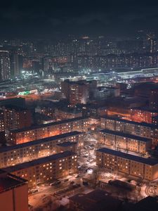 Preview wallpaper buildings, city, aerial view, night, snow