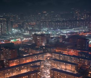 Preview wallpaper buildings, city, aerial view, night, snow