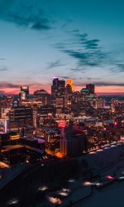 Preview wallpaper buildings, city, aerial view, night, lights, glow, dark