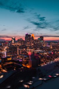 Preview wallpaper buildings, city, aerial view, night, lights, glow, dark