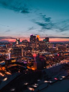 Preview wallpaper buildings, city, aerial view, night, lights, glow, dark