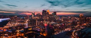 Preview wallpaper buildings, city, aerial view, night, lights, glow, dark