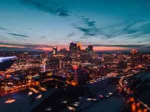 Preview wallpaper buildings, city, aerial view, night, lights, glow, dark