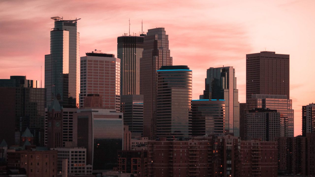 Wallpaper buildings, city, aerial view, sunset, dusk