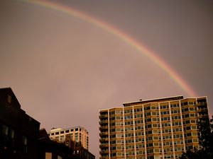 Preview wallpaper buildings, city, architecture, rainbow, sky