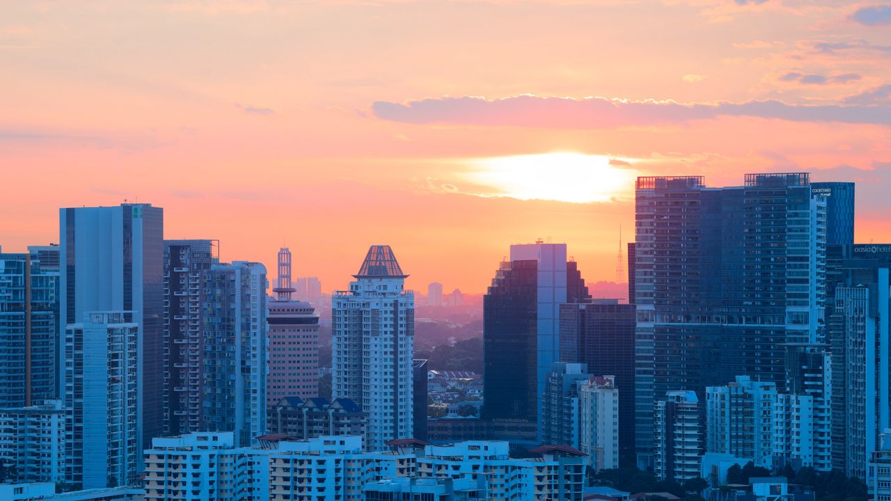 Wallpaper buildings, city, architecture, evening, sunset