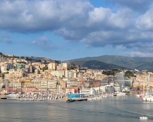 Preview wallpaper buildings, city, bay, ships, mountains, hills, clouds