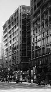 Preview wallpaper buildings, city, car, trees, street, bw