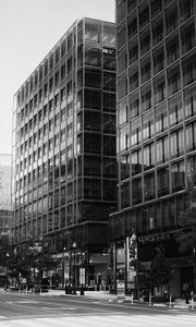 Preview wallpaper buildings, city, car, trees, street, bw