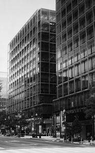 Preview wallpaper buildings, city, car, trees, street, bw