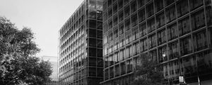 Preview wallpaper buildings, city, car, trees, street, bw