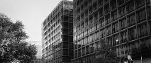 Preview wallpaper buildings, city, car, trees, street, bw