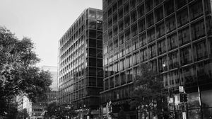 Preview wallpaper buildings, city, car, trees, street, bw
