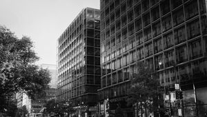 Preview wallpaper buildings, city, car, trees, street, bw