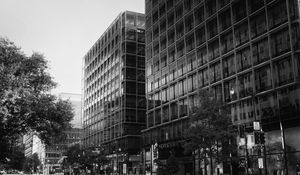 Preview wallpaper buildings, city, car, trees, street, bw