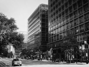 Preview wallpaper buildings, city, car, trees, street, bw