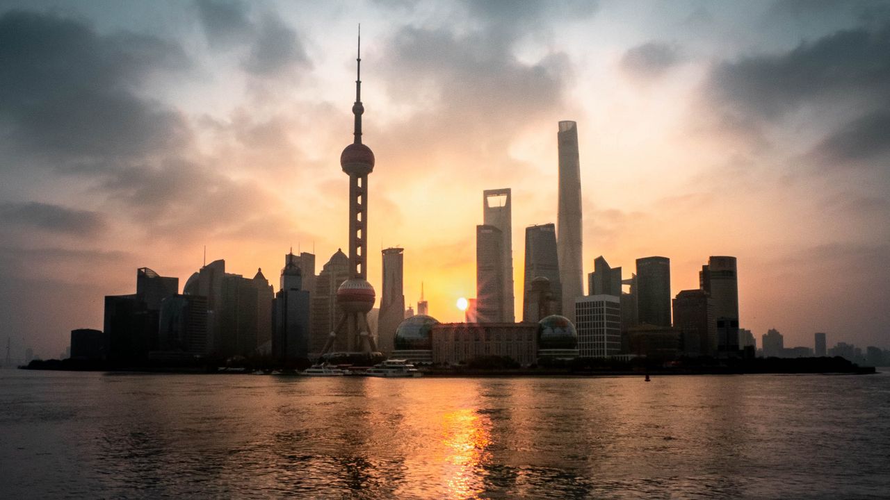Wallpaper buildings, city, coast, sunset, water, architecture