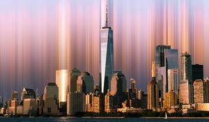 Preview wallpaper buildings, city, coast, blur, illusion