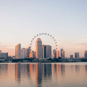 Preview wallpaper buildings, city, ferris wheel, water