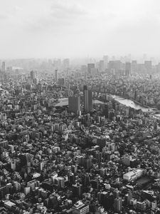 Preview wallpaper buildings, city, fog, tokyo, japan, black and white