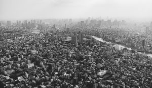 Preview wallpaper buildings, city, fog, tokyo, japan, black and white