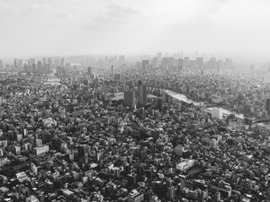 Preview wallpaper buildings, city, fog, tokyo, japan, black and white