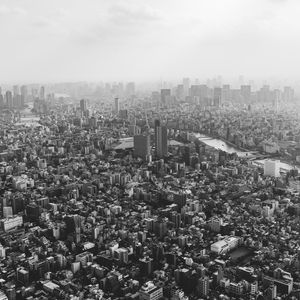 Preview wallpaper buildings, city, fog, tokyo, japan, black and white