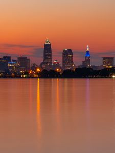 Preview wallpaper buildings, city, horizon, sunset, water