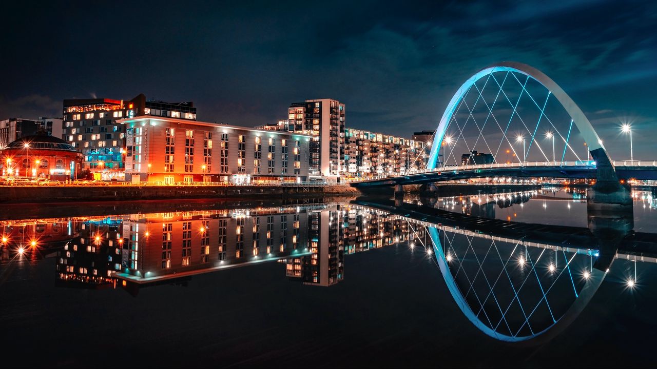 Wallpaper buildings, city, lights, water, reflection, night