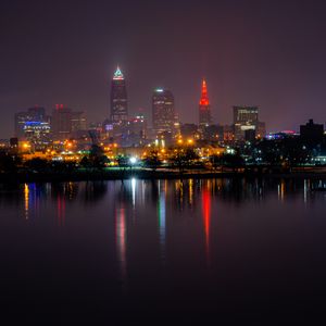 Preview wallpaper buildings, city, night, lights, reflection, water