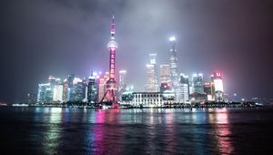 Preview wallpaper buildings, city, night, lights, reflection, water, dark