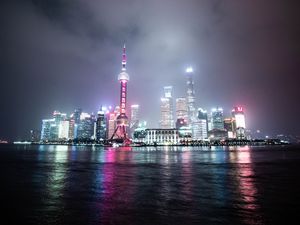 Preview wallpaper buildings, city, night, lights, reflection, water, dark