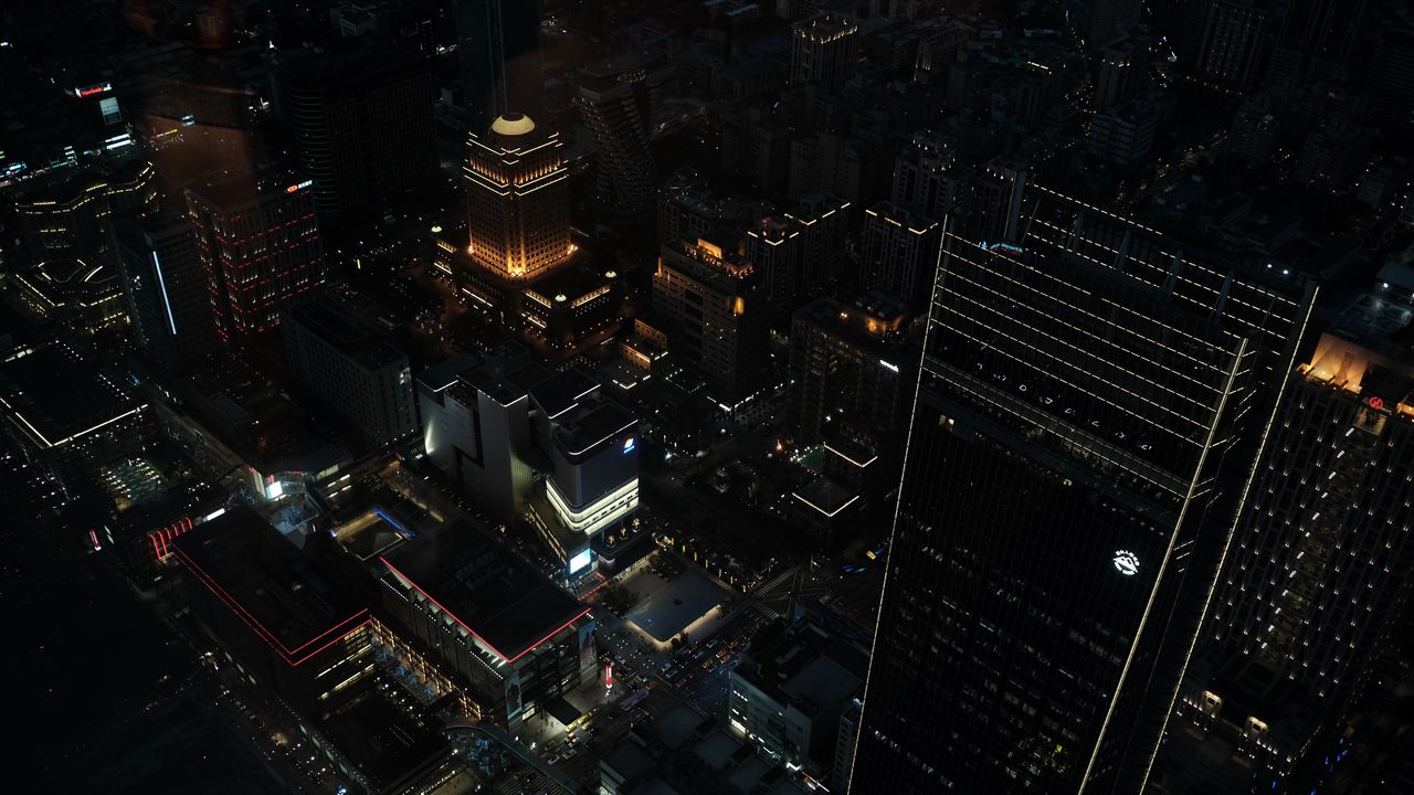 Wallpaper buildings, city, night, lights, aerial view