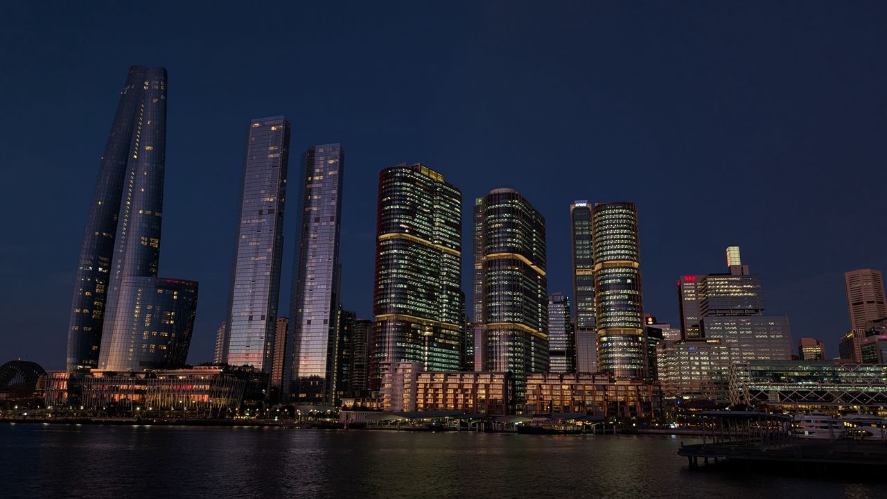 Wallpaper buildings, city, river, bridge, evening, night, dark