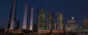 Preview wallpaper buildings, city, river, bridge, evening, night, dark