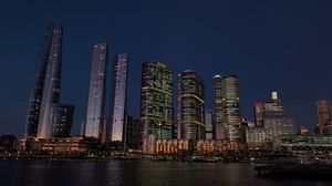 Preview wallpaper buildings, city, river, bridge, evening, night, dark