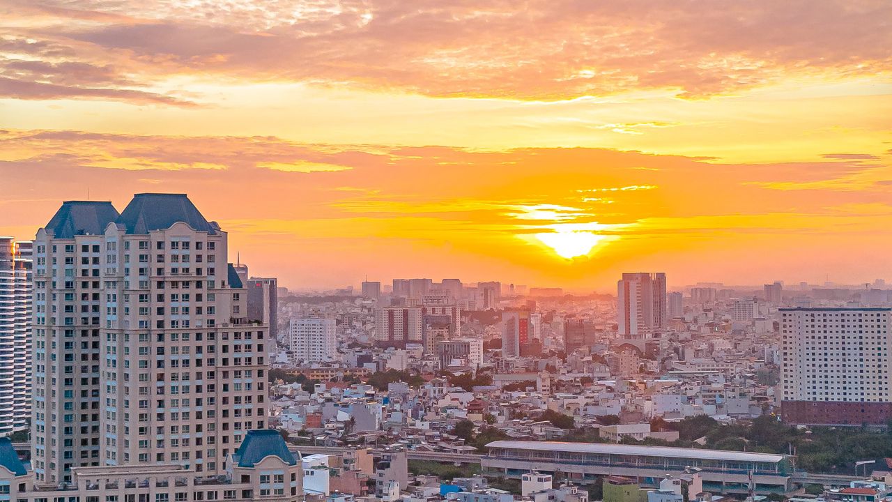 Wallpaper buildings, city, road, architecture, sunset