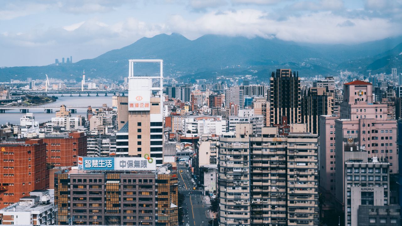 Wallpaper buildings, city, road, mountains