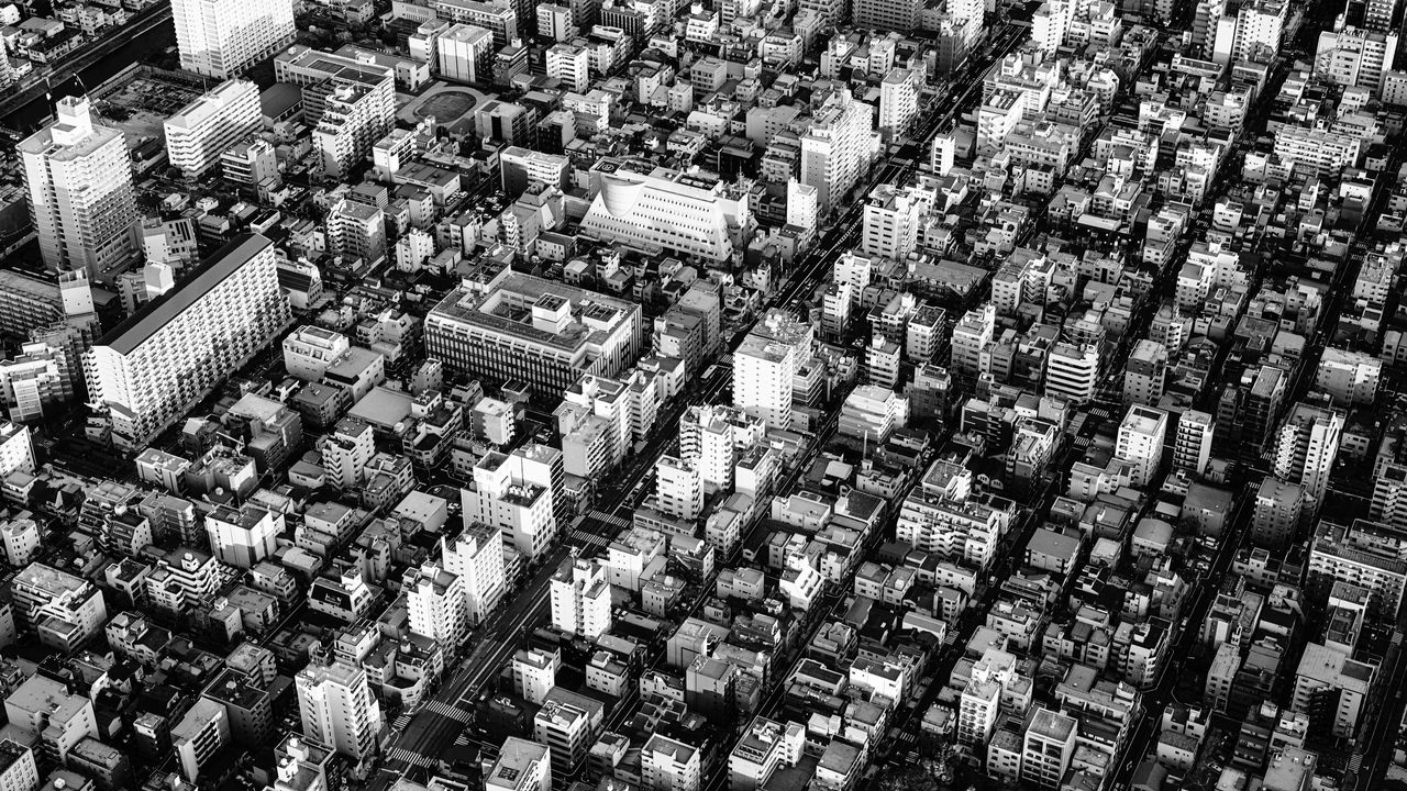 Wallpaper buildings, city, roads, bw