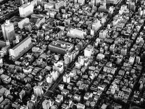Preview wallpaper buildings, city, roads, bw