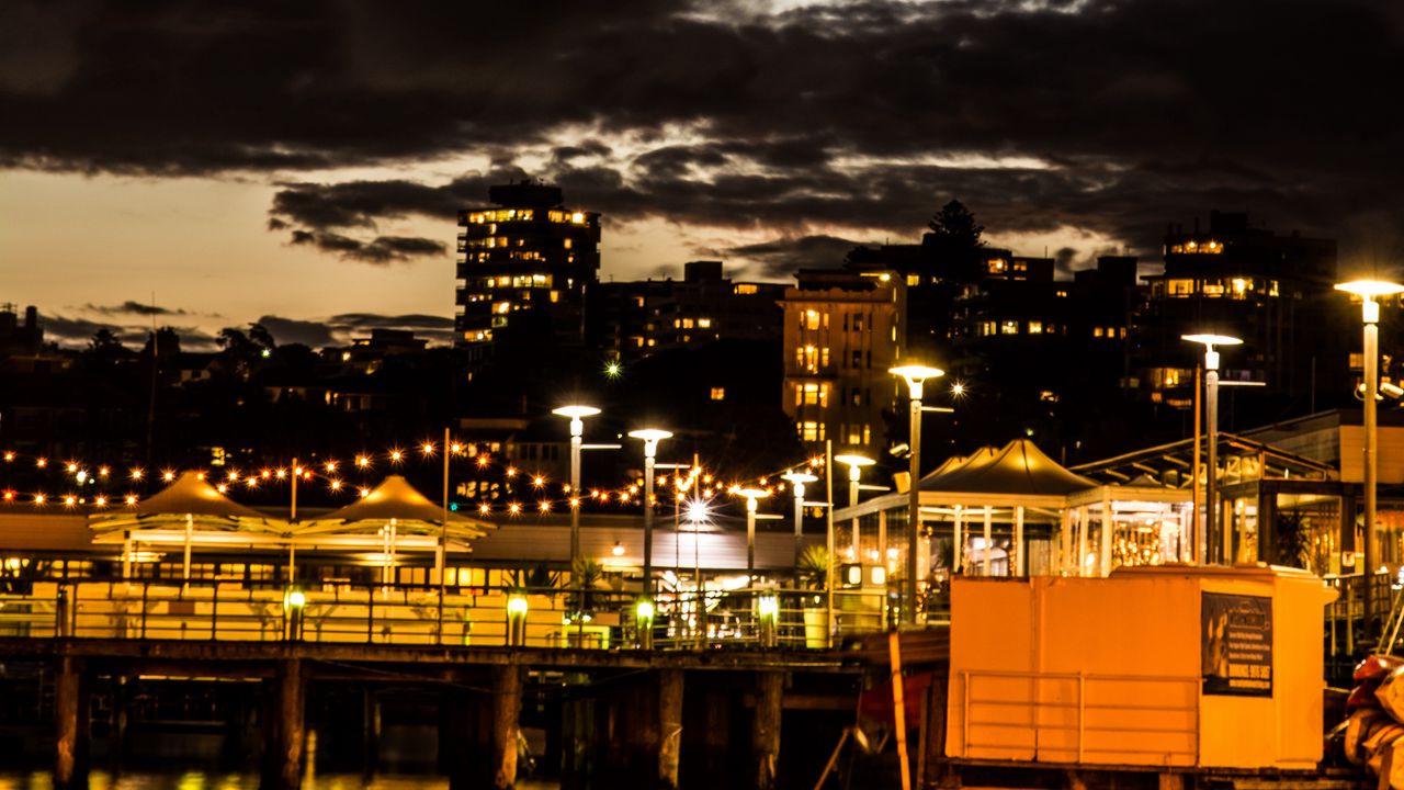 Wallpaper buildings, city, sea, pier, lights, clouds, dark