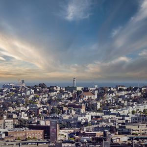 Preview wallpaper buildings, city, sky, clouds, aerial view