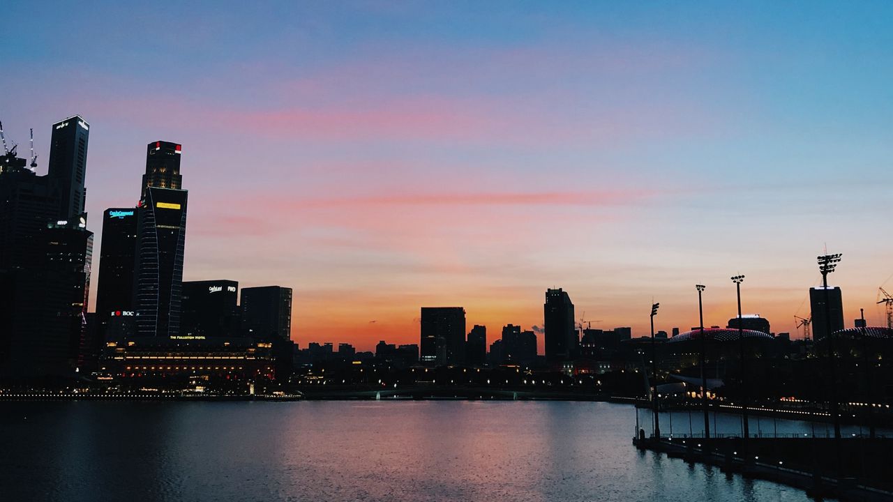 Wallpaper buildings, city, skyscrapers, dusk, water