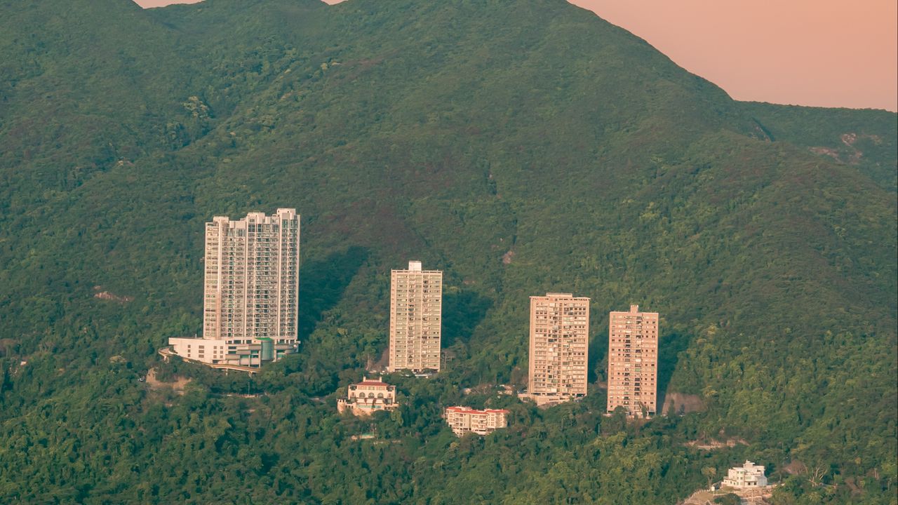 Wallpaper buildings, coast, forest, sea