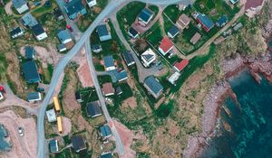 Preview wallpaper buildings, coast, sea, aerial view, road, winding