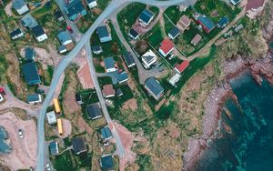 Preview wallpaper buildings, coast, sea, aerial view, road, winding