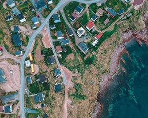 Preview wallpaper buildings, coast, sea, aerial view, road, winding