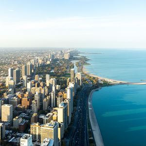 Preview wallpaper buildings, coast, sea, city, aerial view