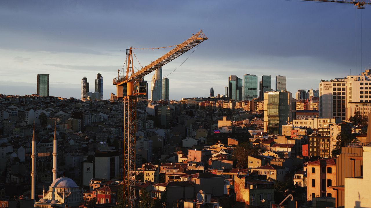Wallpaper buildings, construction crane, city, evening