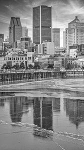 Preview wallpaper buildings, embankment, river, city, black and white